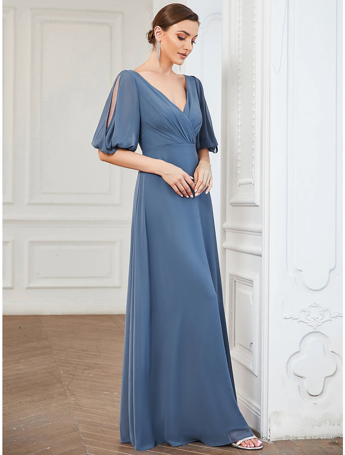 Wholesale  A-Line Evening Gown Minimalist Dress Wedding Guest Prom Floor Length Half Sleeve V Neck Chiffon with Pleats